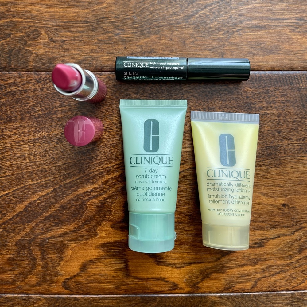 NWOB Clinique Skincare Face Scrub Moisturizer & Makeup Bundle Lip Pop Mascara